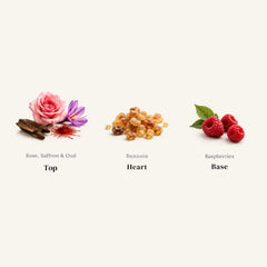 Vibe - Sensual & Moody Perfume Room Spray - Top, Heart & Base Notes Chart: Rose, Saffron, Oud, Benzoin & Raspberries