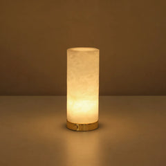 Midas Cylindrical Tall Table Lamp, alabaster with polished brass base and warm lighitng