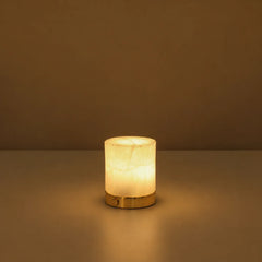 Midas Cylindrical Short Table Lamp, alabaster with polished brass base