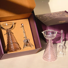 glass decorative items in a gift box, Glass Tall Diya & Ringing Bell in Pink