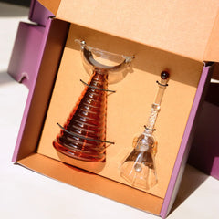 Glass Tall Diya & Ringing Bell Amber, diya and bell packed in open purple gift box with kraft insert
