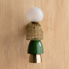 Hand-crafted Totem Gold Wall Lamp inspired by spiritual totem icons, with stacked basket modules symbolizing unity and continuity of light.