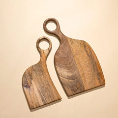 Wooden Yin-Yang Platter Set of Two placed apart, mango wood grain and loop handles, top view