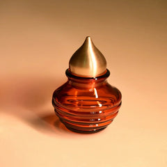 Kalash Oil Lamp + Small Ringing Bell + Mini Kalash, amber glass mini kalash with pointed gold-tone cap