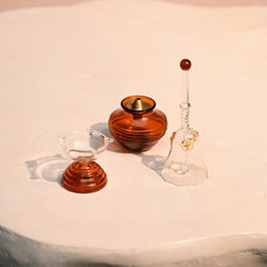 Muun Diya Gift Box, short diya, kalash oil lamp and glass bell with gold Om detail, front view