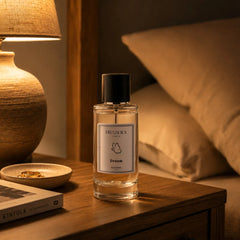 Dream - Calming & Relaxing Perfume Room Spray - Glass Bottle on Wooden Bedside Table with Lamp in Cozy Bedroom, Lifestyle View