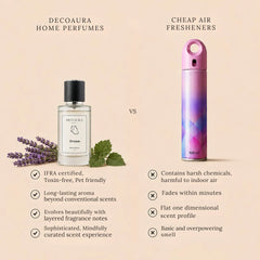 Dream - Calming & Relaxing Perfume Room Spray - Decoaura vs Cheap Air Freshener Comparison Graphic with Lavender & Green Leaves