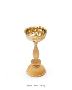 Dipam - White Oak, big brass oil lamp on white oak stand, front view
