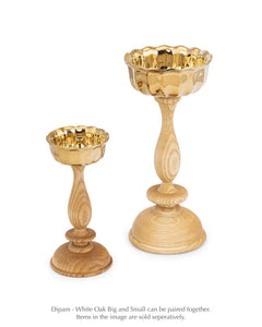 Dipam - White Oak, big and small brass oil lamps on white oak stands side by side