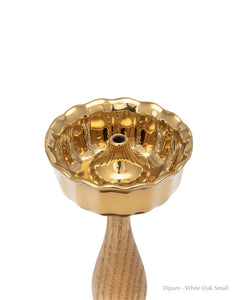 Dipam - White Oak, close-up of small scalloped brass bowl on white oak stem