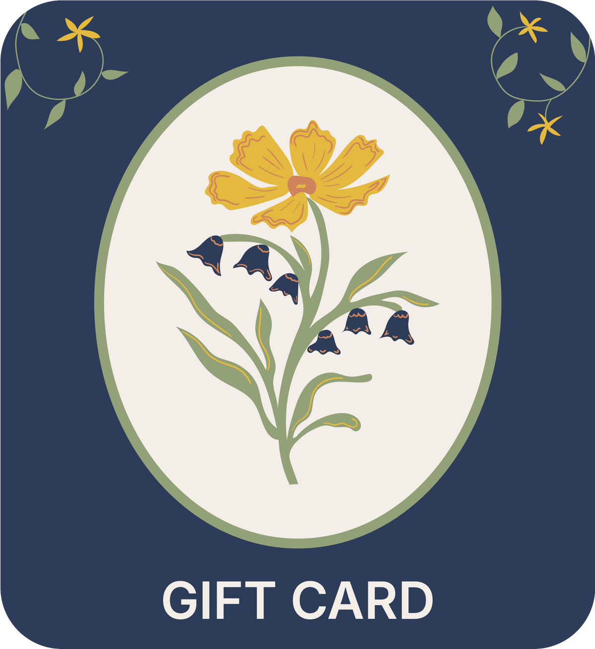 A square gift card design with a navy blue border, an oval cream center featuring a yellow flower and green leaves, and the words “GIFT CARD” in white at the bottom.