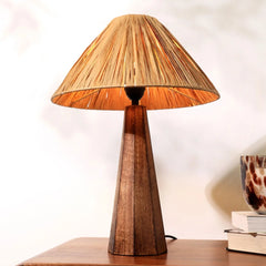 Harmony Table Lamp, close view of textured lamp shade on a wooden surface.