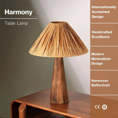 Harmony table lamp with wooden base and raffia shade on a wooden surface, features mentioned on the image