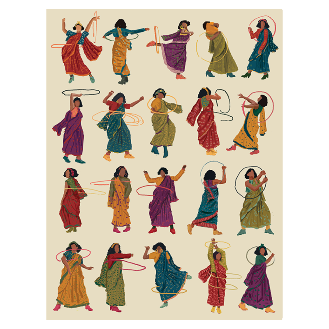 A collection of colorful illustrations of women in traditional attire dancing and performing hula hoop tricks.