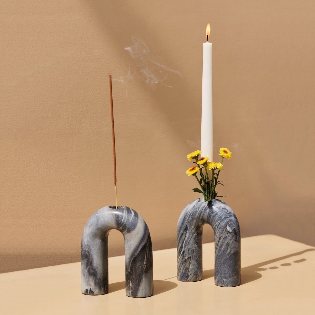 Two Decorative U shaped handcrafted Grey Levanto Marble Candle Holders