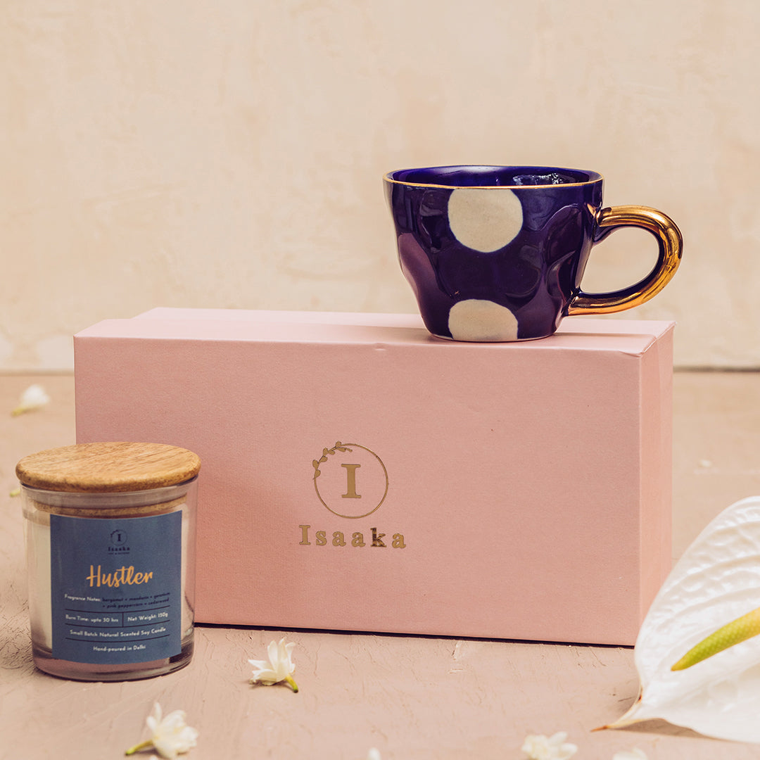 Premium quality glass candle and blue color ceramic cup with gold finish gift box 