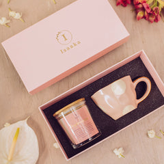 Premium glass candle jar and pink color ceramic cup with gold finish gift box 