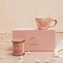 Glass candle jar and pink color ceramic cup with gold finish, perfect gift box for gifting