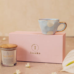 Glass candle and stylish sky blue color ceramic cup with gold finish gift box set