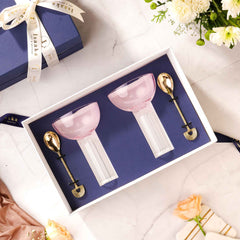 Gift Box : 2 Pink Hand-blown Borosilicate Glass set and Brass spoons