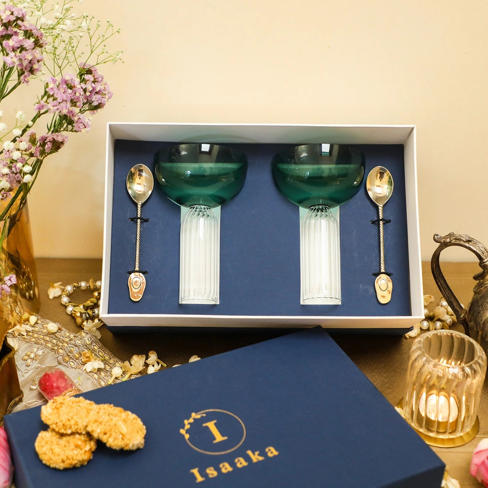 Gift set of 2 | Artisians Teal Glasses and Brass Spoon