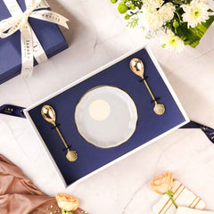 Premium Gift box- 2 ceramic plates with 2 brass spoons perfect for desserts