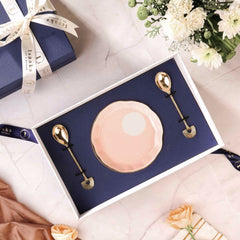 Dessert Gift set with 2 ceramic plates & brass spoons by Isaaka