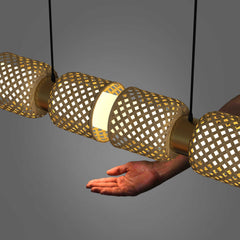bamboo weave softens light, minimizing glare, closer look.