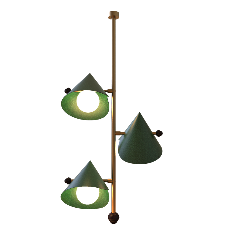 A hanging lamp with a brass structure and green leather shades, featuring glass globes.