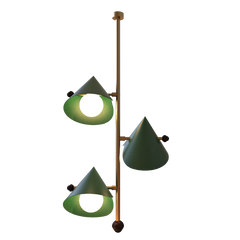 A hanging lamp with a brass structure and green leather shades, featuring glass globes.