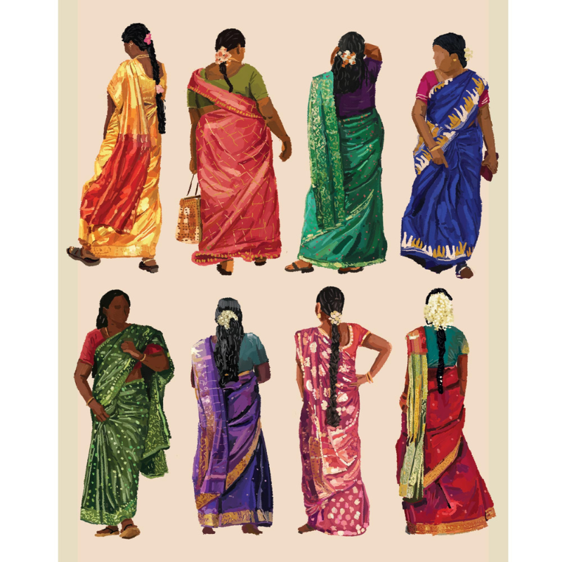 A collection of fine art Giclee prints showcasing various traditional South Indian saris in different colors.