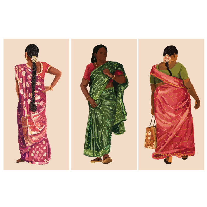 Three Giclee art prints of original acrylic paintings depicting women wearing traditional Saris in various colors.