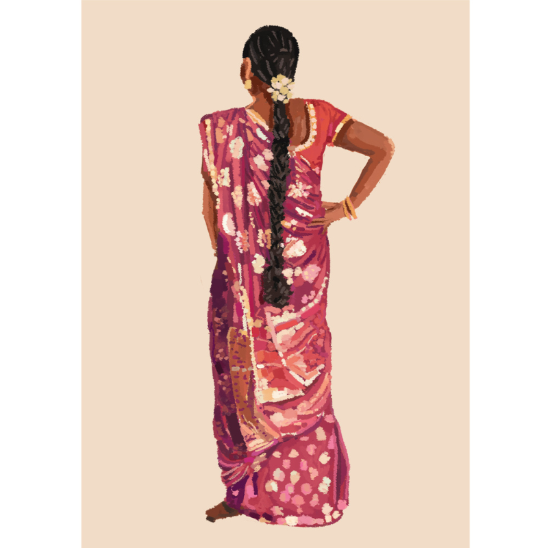 Giclee art print of an acrylic painting depicting a person wearing a multicolored traditional saree from South India.