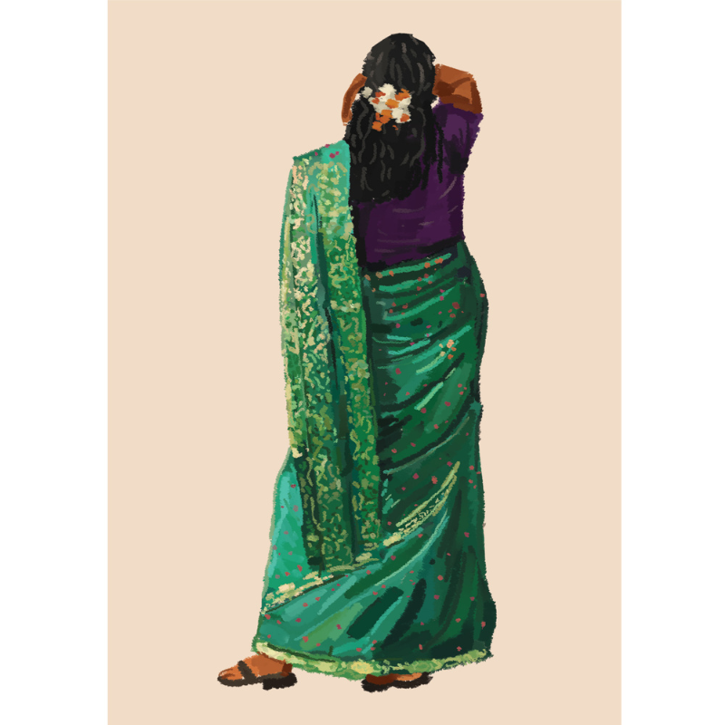 A colorful art print illustration of a woman wearing a green sari