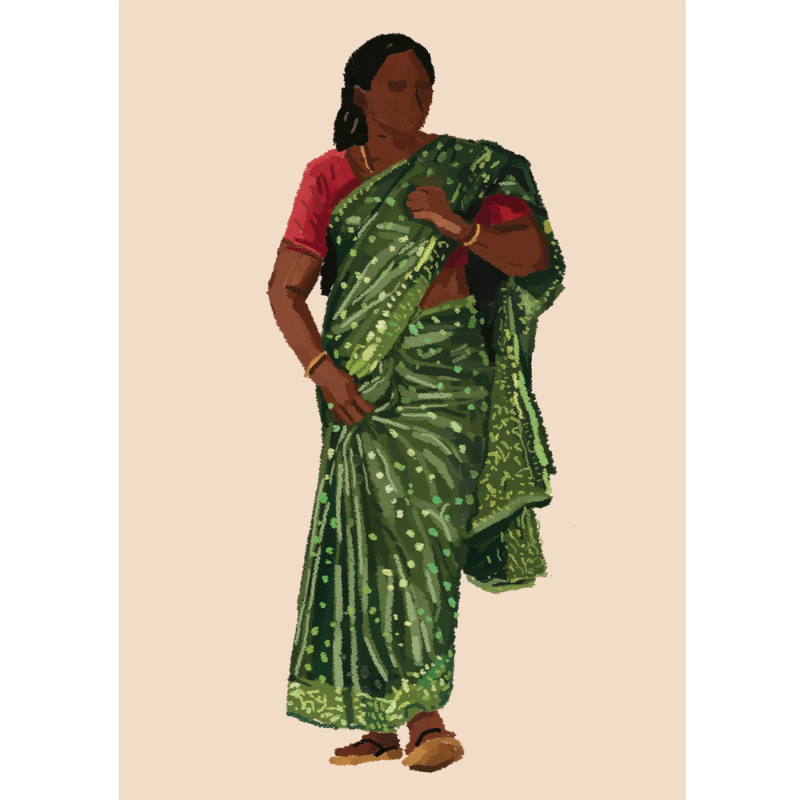 Indian female portraits- Giclee art print of a women wearing a traditional green saree with a red blouse and gold jewelry.