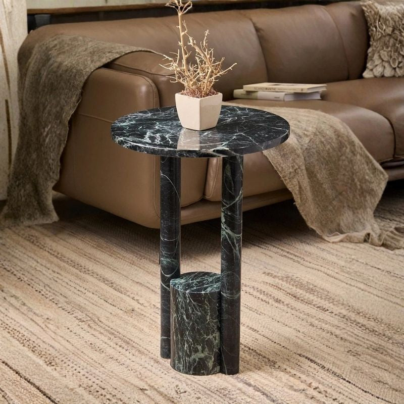 Osst Side Table - Green Marble Table with Plant Beside Leather Sofa on Rug