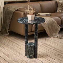 Osst Side Table - Green Marble Table with Plant Beside Leather Sofa on Rug