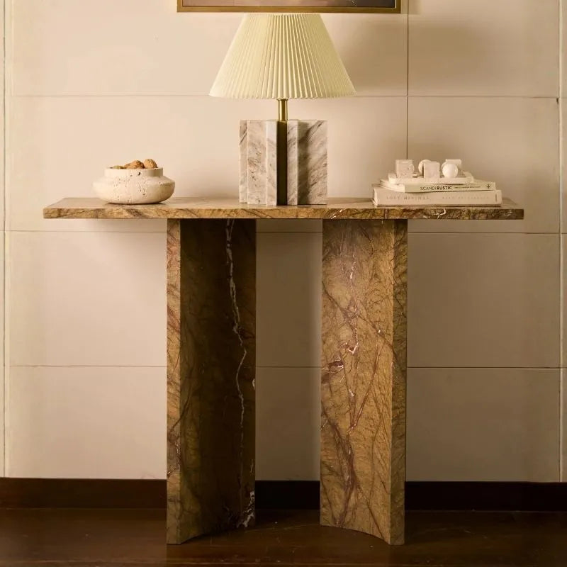 Solene Console - Brown Veined Marble Styled with Table Lamp, Bowl and Books