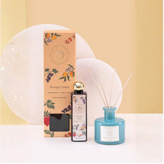 Scented Reed Diffuser Set - Blue - Orange Cassis, blue diffuser with refill bottle and Orange Cassis box