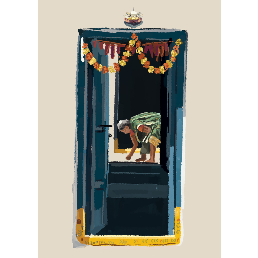 An artistic representation of a woman kneeling and painting a design on a blue door, with decorative patterns and a crown at the top.