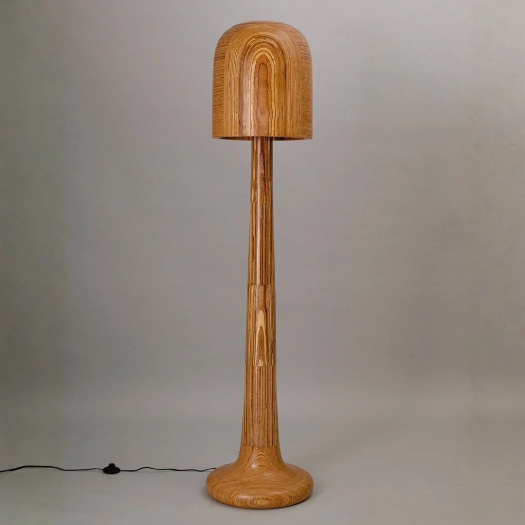 Very Tall Lamp full view showing its reclaimed-plywood taper ending in a rounded dome
