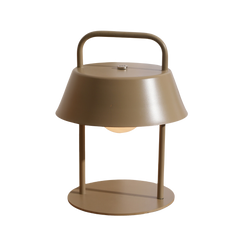 Beige Porto Table Lamp, portable and made of metal with handle on a white background
