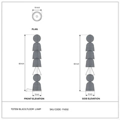Technical drawing of a totem black floor lamp with measurements and dimensions.