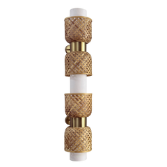 Metamorphosis Linear Wall Lamp – vertically stacked bamboo-woven modules with brass detailing mounted on wall.
