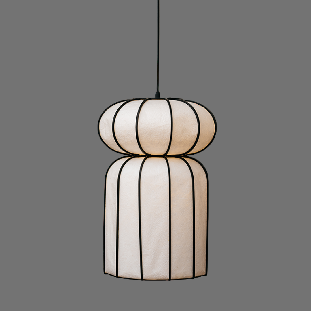 Japandi Style Modern Pendant light with striped design on a gray background