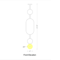 Front elevation schematic diagram of a hanging pendant light fixture with dimensions labeled, including a 2'-10" height and a 4" diameter for the round shade.
