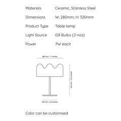 Technical drawing of Wave Table Lamp with material and dimensions mentioned
