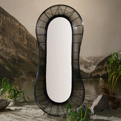 Midnight Black Mirror with intricately hand-woven black metal frame