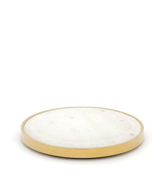 A round white marble Yang Candle Plate with a polished gold metal rim made of stainless steel, photographed on a seamless white background.