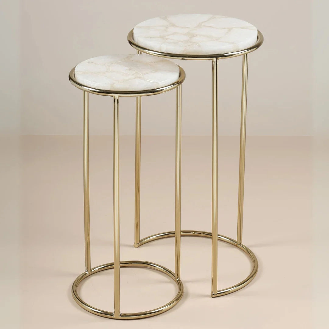 Two marble-top stools with gold metal bases